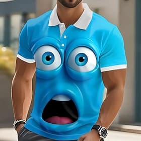 Men's Cartoon Funny Smile Face Polo Short Sleeve Polo Shirts Lapel Ugly Casual Resort Outdoor Street Gift Athleisure 3D Print Buttons Summer Blue Light Blue