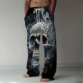 Pantalones de disfraz de calaveras para hombres pantalones baggy pantalones casuales cintura media estilo oscuro gótico ropa de calle pantalones con cintura el