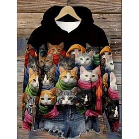 Women's Hoodie Pullover Sweatshirt Oversized Long Sleeve Casual Graphic Animal Cat Vintage Fashion Western Hooded Regular Tops Street Dailywear Print Front Poc