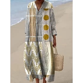 Women's Midi Dress V Neck Long Sleeve Kaftan Lightweight Loose Fit A Line Dress Casual Boho Going out Graphic Geometric Stripe Long Sleeve V Neck Black Yellow