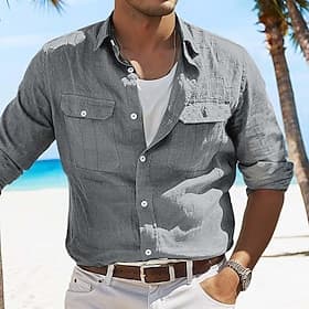 Homme Chemise Chemise en lin Chemise d'été Chemise Boutonnée Chemise Cargo Uni Occasionnel Quotidien Noir Blanche Bleu Kaki manche longue Col Été Printemps Ét