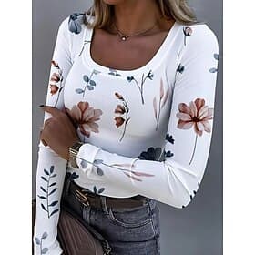 Dames T-shirt Lange Mouw Geribbelde Grafische Vierkante Hals Lange Mouw Casual Bloemen Planten Klassieke Reguliere Tops Dagelijkse Print Zwart Wit Roze Rood Ma