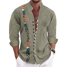 Men's Sun Ethnic Indian Culture Shirt Stand Collar Shirt Long Sleeve Vintage Retro Vacation Daily Wear Going out Spring Fall Mandarin Collar Band Collar Button