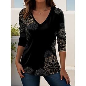 Women's T shirt Long Sleeve V Neck Long Sleeve Tunic Graphic Plants Mandala Elegant Bohemia Vintage Regular Tops Daily Going out Weekend Print Black Spring Fal
