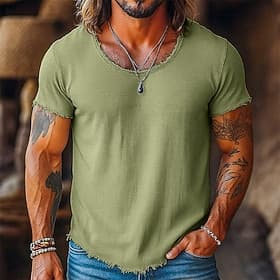 Men's Tee Top Linen T-Shirt Short Sleeve Short Sleeves Crew Neck Summer Plain Fashion Designer Basic Soft Raw Edge Vacation Street Casual White Black Pink Top