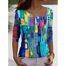 Femmes T-shirt Imprimé Graphique Géométrique Occasionnel manche longue Col en V Hauts Réguliers Quotidien Bleu Rouge Violet Vert Printemps Automne