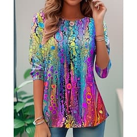 T-shirt femme à manches longues col rond tunique décontractée imprimé réguliers tops quotidiens arc-en-ciel printemps automne préautomne