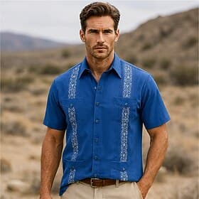 Men's Guayabera Shirt Black White Red Blue Gray Short Sleeve Embroidered Shirt Collar Casual Embroidery Clothing Apparel Elegant Vacation Vintage Daily