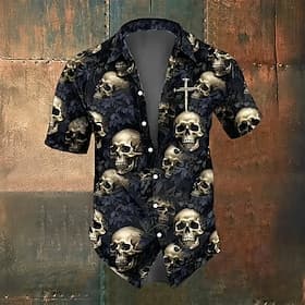 Men's Cross Costumes Skulls Shirt Summer Shirt Button Up Shirt Short Sleeve Dark Gothic Style Outdoor Vacation Dailywear Summer Spring Turndown 3D Print Collar