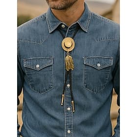 Men's Western Cowboy Hat Bolo Tie – Alloy Feather Pendant Leather Rope Necklace for Rodeo, Country Party Denim Outfit