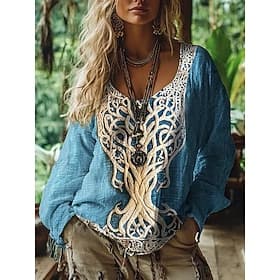 Damenbluse Grafik Vintage Alltag Casual Langarm V-Ausschnitt Normal Oberteile Tribal Lebensbaum Vintage Designer Basic Print Urlaub Straße Ausgehen Alltags-Url