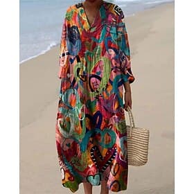 Femmes Robe Midi Robe Décontractée Robe Imprimée Mode Moderne Quotidien Plage Week-end Coupe régulière Fleur manche longue Col en V Bleu Jaune Vert Claire Rose