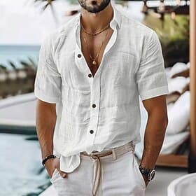 Homme Chemise en lin Chemise Décontractée Chemise en coton et lin Chemise Boutonnée Couleur Unie / Unie Plage Vacances Blanche Vert Claire Rose dragée Bleu Cie