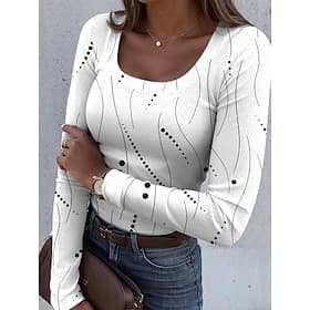Women's T shirt Long Sleeve Ribbed Graphic Square Neck Long Sleeve Casual Abstract Classic Regular Tops Daily Print White Pink Blue Purple Green Spring Fall Pr