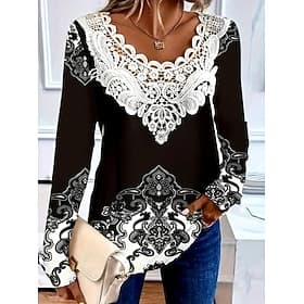 Blouse Femme Tunique Dentelle Écaille Col V Manches Longues Graphique Paisley Plantes Col Rond Regular T-shirts Imprimé Quotidien Sortir Week-end Imprimé Dente