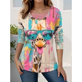Women's T shirt Long Sleeve Graphic Animal Giraffe Vintage Stylish Classic Long Sleeve V Neck Regular Tops Daily Cut Out Print Pink Blue Green Rose Pink Spring