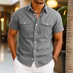 Herren Hemd Leinenhemd Sommerhemd Strandhemd Einfarbig Urlaub Kreuzfahrt Grün Hell Gray Leicht Blau Kurzarm Umschlagkragen Sommer Frühling Sommer Bekleidung T