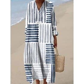 Damen Midi Kleid V-Ausschnitt Langarm Kaftan Leicht Lockerer Schnitt Lässiges Kleid A-Linien Kleid Lässig Boho Party Lockerer Schnitt Grafisch Geometrisch Lang