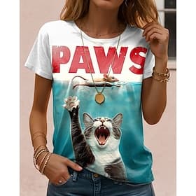 Women's T Shirt Print Graphic Cat Letter Vintage Stylish Classic Short Sleeve Crew Neck Regular Tops Daily Weekend Blue Purple Green Khaki Summer Spring