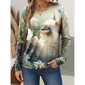 Women's T shirt Crew Neck Long Sleeve Tunic Floral Graphic Cat Vintage Stylish Classic Round Neck Regular Tops Daily Weekend Print Green Spring Fall