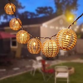 Dekorative Laternen-Lichterkette im Rattandraht-Ball-Stil – 10 Lichter, Globus-Rattan-Korbkugel-Lichterkette für drinnen und draußen, Terrasse, Lichterkette fü