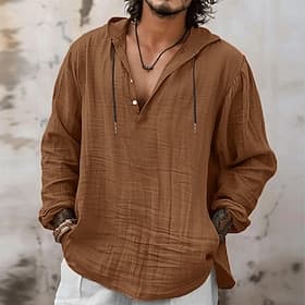 Men's Shirt Linen Shirt Viking Style Summer Shirt Beach Wear Hooded Shirt Solid Color Vacation Street Navy Blue Sky Blue Orange Khaki Long Sleeve Hooded Summer