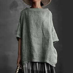 Women's Shirt Cotton Blend Blouse Plain Casual Short Sleeve Crew Neck Regular Tops Daily Black White Gray Summer