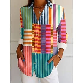 Women's Shirt Linen Like Breathable Lightweight Button Down Tunic Shirt Collar Long Sleeve Graphic Geometric Striped Vintage Tropical Daily Work Daily s Print