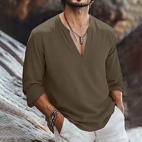 Hombre Camisa Camisa de lino Estilo vikingo Camisa de verano Ropa de playa Color sólido Exterior Vacaciones Verde Trébol Beige Manga Larga Escote en Pico Veran