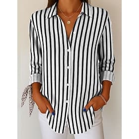 Chemise Femme Lin Comme Respirante Légère Chemise Tunique Boutonnée Col Manche Longue Graphique Rayée Vintage Tropical Quotidien Col V Travail Quotidien Imprim