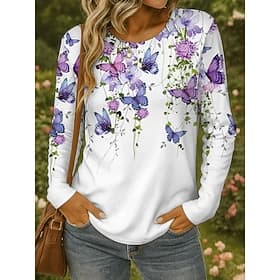 Women's T shirt Long Sleeve Crew Neck Long Sleeve Tunic Floral Graphic Butterfly Vintage Stylish Classic Round Neck Regular Tops Daily Print Black White Yellow