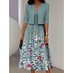 Women's Two Piece Dress Sets Midi Dress with Jacket Elegant A Line Dress Half Sleeve Casual Semi Formal Ombre Floral Print V Neck Date Pink Blue Purple Regular