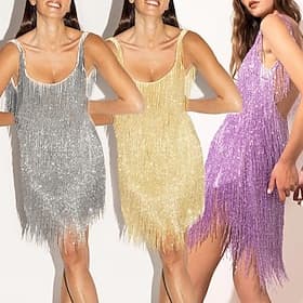 Anni Ruggenti Anni 1920 Mini Corto Mini Vestito Abito Flapper Senza maniche Il grande Gatsby Invitato al matrimonio Frangia con nappe Scollo a V Costume Per do