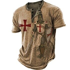 Men's Knights Templar Graphic Prints Henley Shirt Graphic Tee Short Sleeve Fashion Basic Casual Daily Outdoor Going out Spring Summer Blue Sky Blue Brown Gree