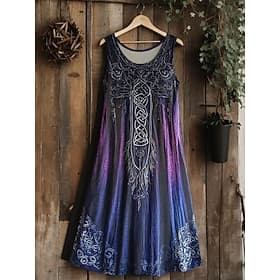 Women's Midi Dress Boho Vintage Viking Celtic Knot Gradient Art Sundress A Line Dress Vacation Casual Going out Floral Graphic Leaf Sleeveless U Neck
