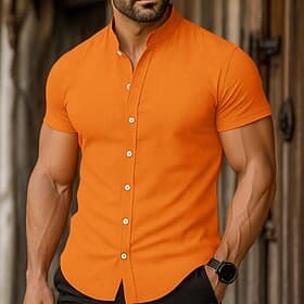 Men's Shirt Linen Shirt Summer Shirt Beach Wear Band Collar Shirt Button Up Shirt Plain Vacation Casual Black White Orange Gray Short Sleeve Mandarin Collar Su