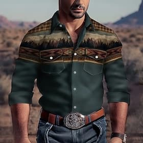 Voor heren Berg Westers overhemd Overhemd met knopen Cowboyshirt Lange mouw Westers Vintage Retro Buiten Casual Zomer Lente Herfst Strijkijzer shirts met kraag