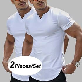 2 Pieces Men's T Shirt Casual Style Short Sleeve V Neck Summer All Seasons Plain Fashion Classic Casual 2 Pack Plain Street Casual Sports White Top Tee for Men