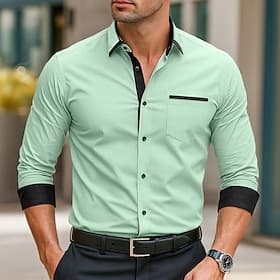 Men's Shirt Dress Shirt Button Down Shirt Non Iron Shirt Button Up Shirt Color Block Daily Wedding Light Green Navy Blue Long Sleeve Collar Spring Fall All S