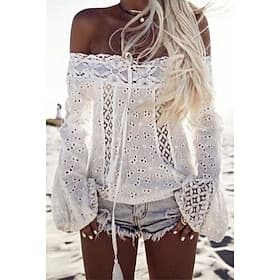 Mulheres Blusa Tops de renda Renda Franja Tecido Moderno Casual Manga Longa Ombro a Ombro Tops regulares Diário Para Noite Branco Verão