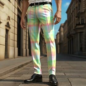 Men's Geometric Color Block Grid / Plaid Dress Pants Trousers Casual Pants Mid Waist Casual Vacation Party Daily Summer Spring Fall 3D Print Yellow Blue Green