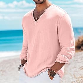 Men's Linen T-Shirt Long Sleeve V Neck Summer Spring Solid Color Vintage Bohemian Casual Raw Edge Casual Vacation Street Pink Light Blue Top Tee for Men