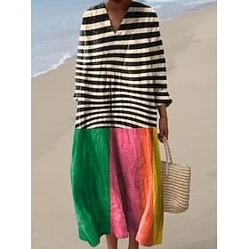Damen Midi Kleid V-Ausschnitt Langarm Kaftan Leicht Lockerer Schnitt A-Linien Kleid Lässig Boho Ausgehen Lockerer Schnitt Grafisch Geometrisch Langarm V-Aussch