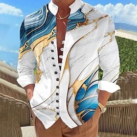 Men's Marble Abstract Liquid Art Shirt Stand Collar Shirt Long Sleeve Casual Vacation Daily Wear Going out Spring Fall Mandarin Collar Band Collar Button-Down