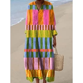Vestido Midi de Mujer Cuello en V Manga Larga Kaftán Liviano Corte Suelto Vestido A Línea Casual Boho Salida Gráfico Geométrico Manga Larga Cuello en V Azul Fu