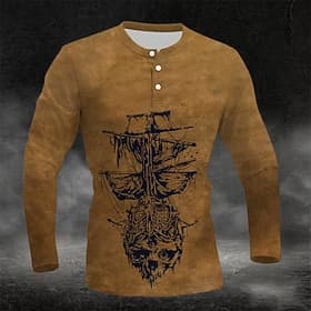 Herren Grafik Vintage Segelboot Henley Hemd Langarm Mode Niedlich Täglich Lässig Ferien Ausgehen Frühling Herbst Dunkelgrau Blau Grün Burgunderrot Purpur Henl
