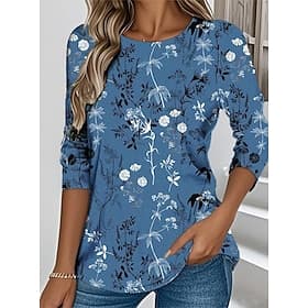 T-shirt Femme Manches Longues Col Ras Du Cou Manches Longues Tunique Floral Graphique Vintage Chic Classique Col Rond Hauts Normaux Quotidien Imprimé Bleu Marr