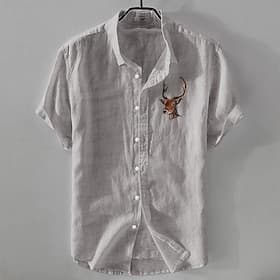Hombre Camisa de lino Camisa casual Camisa de lino y algodón Abotonar la camisa Estampado animal Vacaciones Ropa Cotidiana Blanco Azul Marino Oscuro Azul cielo