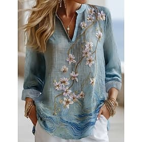 Femmes Chemise Faux coton lin Boutons Imprimé Fleuri Quotidien Occasionnel manche longue Col en V Hauts Réguliers Quotidien Fête Bleu Printemps Automne