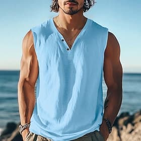 Homme T-shirt Sans manches Manche Courte Col en V Été Uni Texturé Mode Classique Occasionnel Pur Occasionnel Rue Sports Blanche T-shirt haut de gamme pour homm